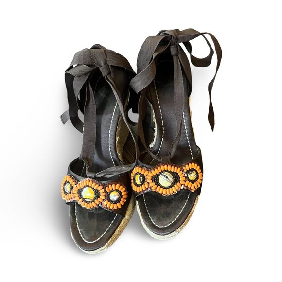 J VINCENT Beaded Brown Open Toe Platform Espadrille Woven Jute Wedge Sz 6 - Picture 2 of 6